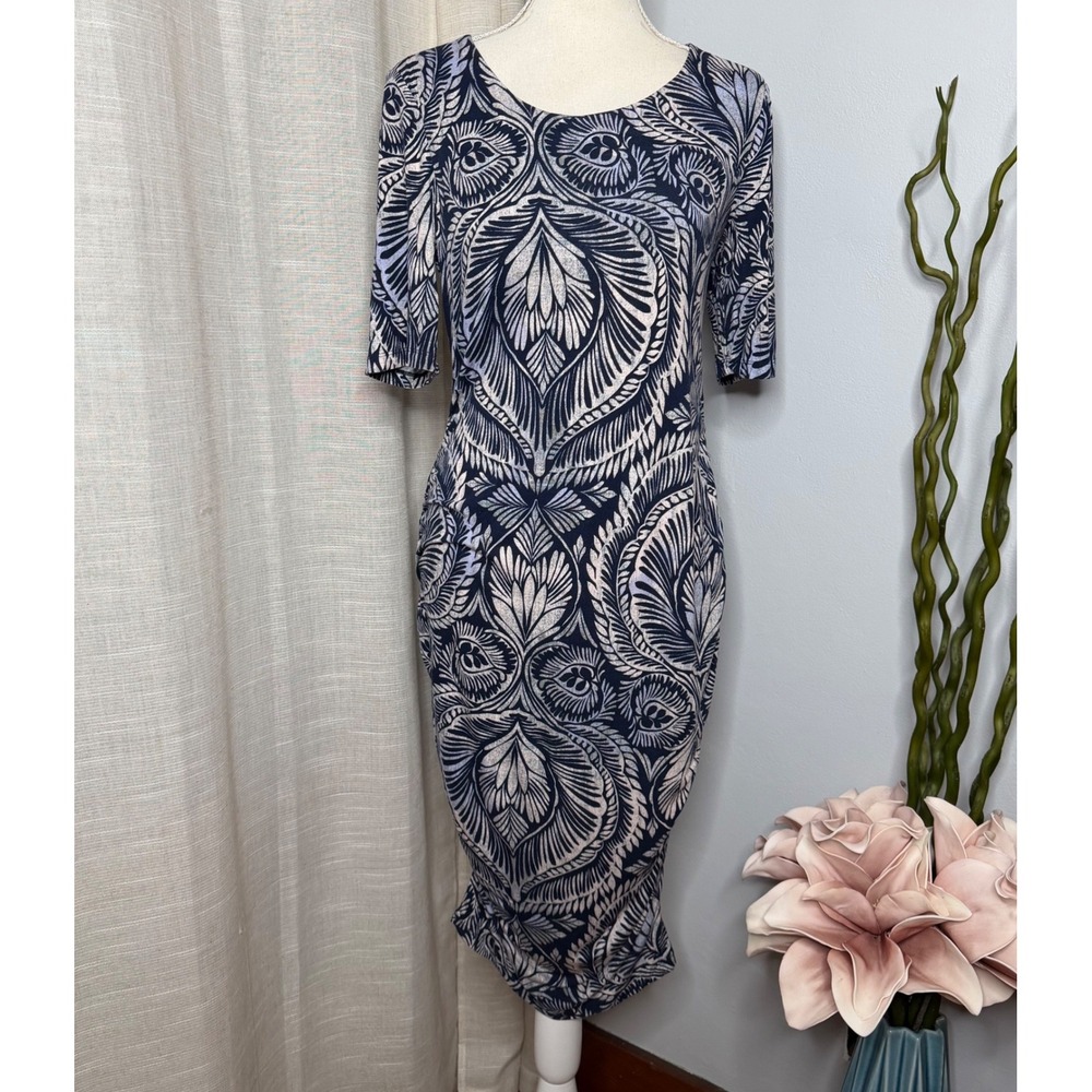 A‎ Pea in the Pod Maternity Ruched Fitted T Shirt Dress Damask Blue White Medium